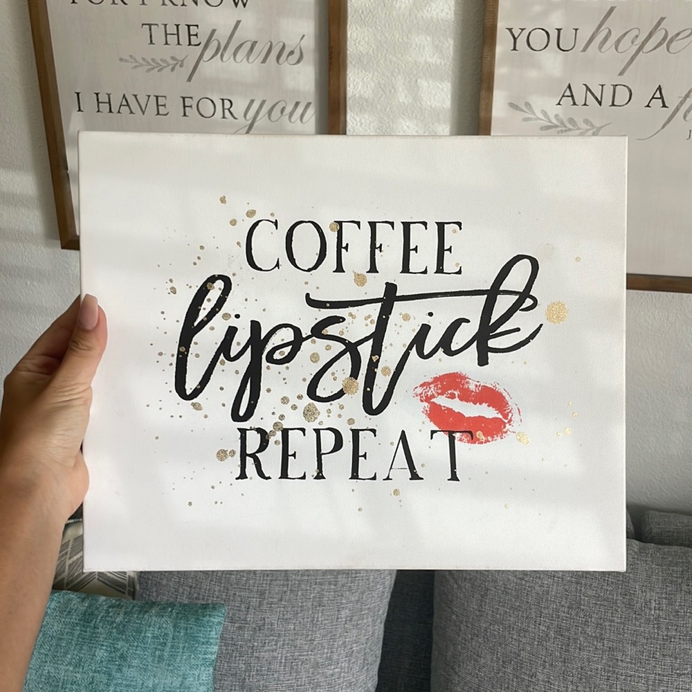 “Coffee, lipstick, repeat” canvas wall hanging #1480
